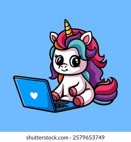 fun cute working unicorn with laptop cartoon colored character isolated drawing line style sketch classic vintage design illustration