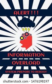 Fun cyberpunk poster. Alert!!! Information overload. System prepare to reboot. Over sunburst background