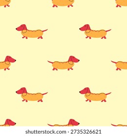 Fun Dachshund Hot Dog Pattern. Bright Yellow Background with Cute Pet Character Repeat.