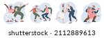 Fun dance of senior people set vector illustration. Cartoon elderly couple dancing to music, active leisure of funny grandmother and grandfather on retirement, older friends dancers in dance club