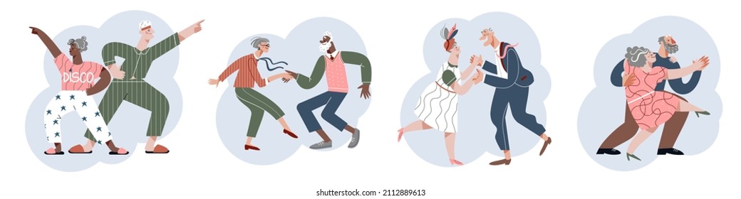 Fun dance of senior people set vector illustration. Cartoon elderly couple dancing to music, active leisure of funny grandmother and grandfather on retirement, older friends dancers in dance club