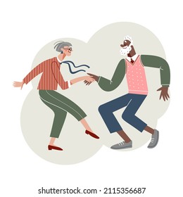 Fun Dance Of Senior People Set Vector Illustration. Cartoon Elderly Couple Dancing To Music, Active Leisure Of Funny Grandmother And Grandfather On Retirement, Older Friends Dancers In Dance Club