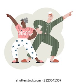 Fun Dance Of Senior People Set Vector Illustration. Cartoon Elderly Couple Dancing To Music, Active Leisure Of Funny Grandmother And Grandfather On Retirement, Older Friends Dancers In Dance Club