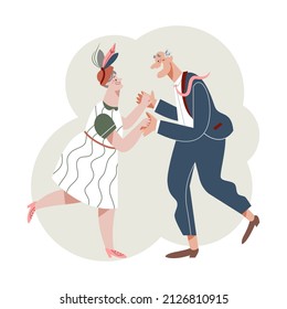 Fun Dance Of Senior People Set Vector Illustration. Cartoon Elderly Couple Dancing To Music, Active Leisure Of Funny Grandmother And Grandfather On Retirement, Older Friends Dancers In Dance Club