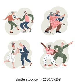 Fun Dance Of Senior People Set Vector Illustration. Cartoon Elderly Couple Dancing To Music, Active Leisure Of Funny Grandmother And Grandfather On Retirement, Older Friends Dancers In Dance Club