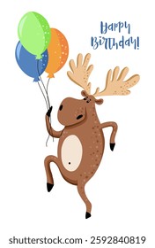 Fun dancing animal, isolated moose with balloons. Vector illustration