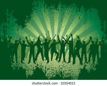 Fun dancing crowd. Grunge background.