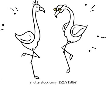 Fun Dancing Flamingos. Simple vector black line art quirky personality tropical flamingo dance off with summer vibe, cool sunglasses and hat