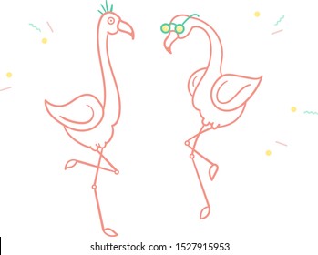 Fun Dancing Flamingos. Simple vector line art quirky personality tropical flamingo dance off with summer vibe, cool sunglasses and hat