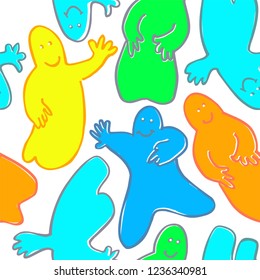Fun dancing ghosts in yellow, green, gray and orange colors seamless pattern on white background.