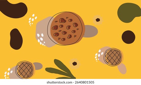 Fun dark brown background filled with chocolate chip cookies, swirl biscuits, and organic candy shapes, ideal for festive, sweet-themed design concepts.