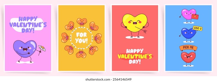 Fun Valentine’s Day posters featuring colorful cartoon hearts, playful typography, and vibrant designs for cheerful celebrations and romantic promotions.