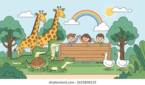 Um dia divertido no zoológico com animais amigáveis e crianças felizes descobrindo a natureza juntos