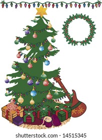 Fun decorated Christmas tree with lights and a wreath.