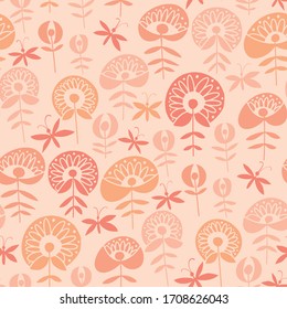Vergnügen dekorative abstrakte Blume nahtloses Muster. Vektorillustration Illustration Blumenmotive und Schmetterlingsfliesen. Einfache Silhouettenrapport für Textilien, Tapete, Hintergrund.

