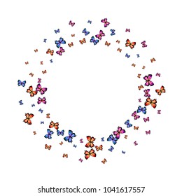 Fun decorative butterfly silhouette background on white. Spring butterfly hover theme vector in pink, violet, red, blue and purple colors. Repeating insect soar clipart for interior.