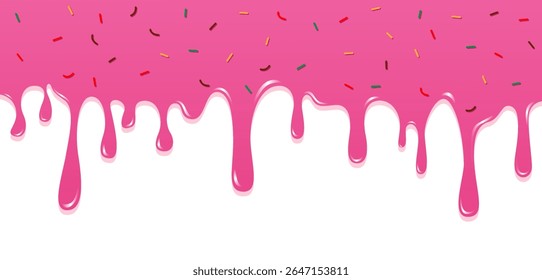 Fun and delicious cartoon-style background featuring pink dripping icing and colorful sprinkles. Perfect for dessert-themed designs, bakery branding, party invitations, and sweet food-related content.