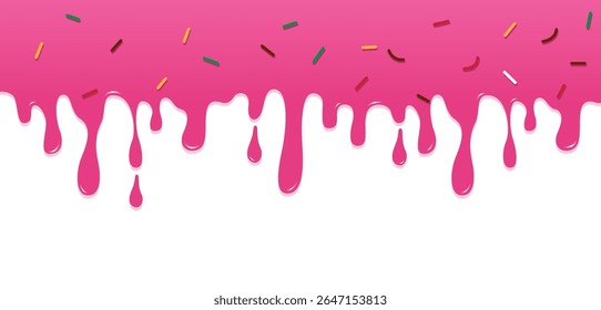 Fun and delicious cartoon-style background featuring pink dripping icing and colorful sprinkles. Perfect for dessert-themed designs, bakery branding, party invitations, and sweet food-related content.