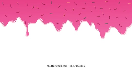 Fun and delicious cartoon-style background featuring pink dripping icing and colorful sprinkles. Perfect for dessert-themed designs, bakery branding, party invitations, and sweet food-related content.