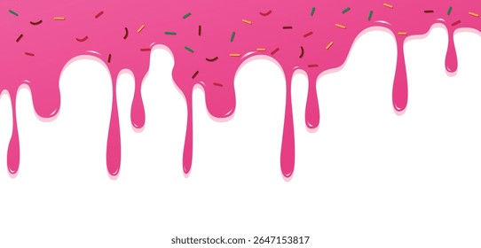 Fun and delicious cartoon-style background featuring pink dripping icing and colorful sprinkles. Perfect for dessert-themed designs, bakery branding, party invitations, and sweet food-related content.
