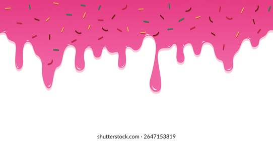 Fun and delicious cartoon-style background featuring pink dripping icing and colorful sprinkles. Perfect for dessert-themed designs, bakery branding, party invitations, and sweet food-related content.