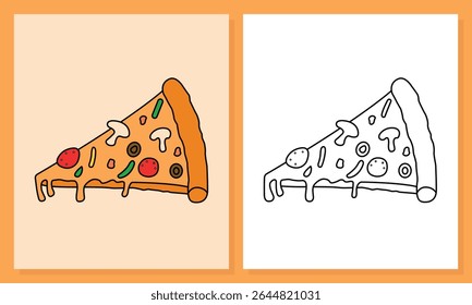 A fun and delicious hand-drawn pizza slice illustration, perfect for coloring books, kids' activities, food-themed designs, prints, or digital projects. Whimsical and playful art style.