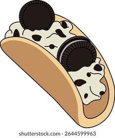 Uma divertida e deliciosa ilustração vetorial de um taco de sobremesa feito com uma concha de panqueca macia recheada com creme de baunilha cremoso, coberto com migalhas de chocolate e biscoitos de sanduíche de chocolate inteiro