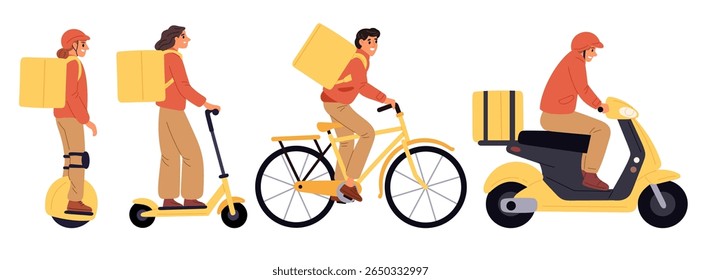 Serviços de entrega divertidos em scooters ou bicicletas. Homem com mochila em giroscópio monocle. Deliveryman no ciclomotor. Ordem logística. Bicicleta elétrica. O vetor fornece