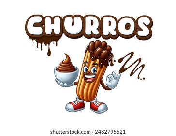 Un diseño divertido de un maxi churros rellenos de chocolate en estilo de dibujos animados con el texto "Chocolaté Churros". Perfecto para los amantes de los postres gourmet y dulces!