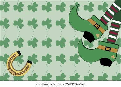 Fun design of shamrocks with horseshoe and leprechaun legs