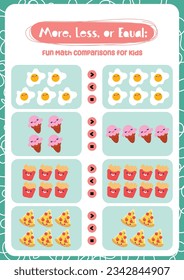 fun design vector more less or equal math mathematics counting worksheet printable for kids activity