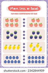 fun design vector more less or equal math mathematics counting worksheet printable for kids activity