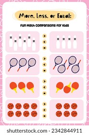 fun design vector more less or equal math mathematics counting worksheet printable for kids activity