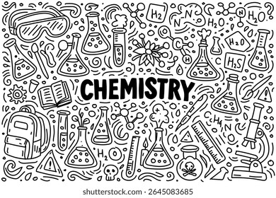 Fun and detailed black and white chemistry doodle art filled with laboratory flasks, molecular structures, microscopes, formulas, and safety gear. Perfect for science posters, coloring books