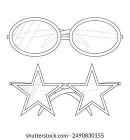 A fun and detailed black and white coloring page featuring stylish sunglasses, including round and star-shaped designs. Perfect for creative projects and activities.