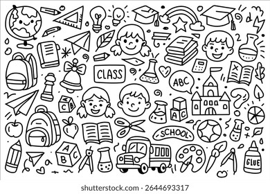 Fun and detailed black and white doodle drawing with school supplies, smiling children, books, paper planes, backpacks, school bus, and science icons. Perfect for educational materials