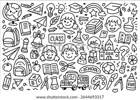 Fun and detailed black and white doodle drawing with school supplies, smiling children, books, paper planes, backpacks, school bus, and science icons. Perfect for educational materials