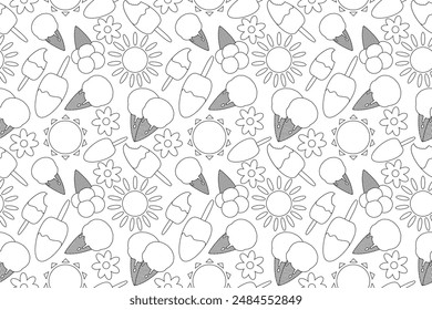 Fun and detailed coloring page featuring ice cream cones, sun, and flowers. Perfect for kids and adults to enjoy a summer-themed activity.