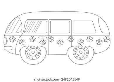 A fun and detailed coloring page of a hippie van with floral designs. Ideal for kids and adults to enjoy and relax.