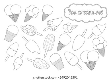 A fun and detailed ice cream coloring page set featuring various ice cream cones, popsicles, and treats perfect for kids and adults.