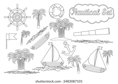 Fun and detailed nautical-themed coloring set featuring various maritime elements. Perfect for kids and adults to color and enjoy.