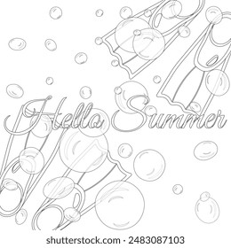 Fun and detailed scuba gear coloring page with Hello Summer text. Perfect for kids and adults looking for a creative, relaxing activity.