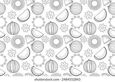 Fun and detailed watermelon, sun, and flowers seamless coloring page pattern. Ideal for stress relief and creative projects.