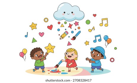 Fun Digital Graphic of Children Engaging in Creative Activities for School, Learning, and Community Projects