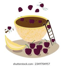 Una divertida obra digital de cerezas nadando en un melón lleno de chocolate líquido, cerezas trepando por el melón y cerezas saltando sobre el melón.