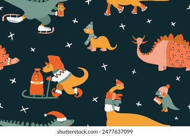 Fun dino Christmas seamless pattern. Cartoon background with dinosaur, T rex, brachiosaurus, ankylosaurus. 