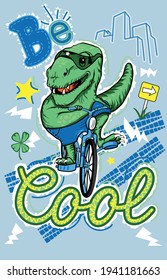 Fun dinosaur on bicycle strolling happy