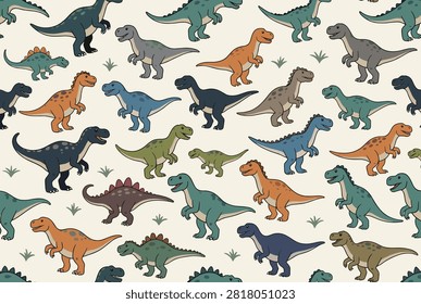 Fun dinosaur seamless pattern displays various cartoon prehistoric dinosaurs walking on a light cream background.