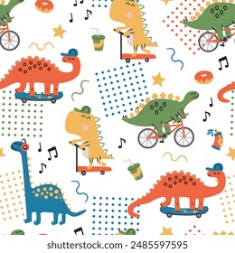 Fun Dinosaur Seamless pattern for kids. Childish Background with Cute Dinosaurs.
Cartoon Animal vector.