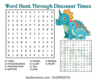 Fun dinosaur word search puzzle for kids featuring cute cartoon dinosaurs and common dinosaur names.